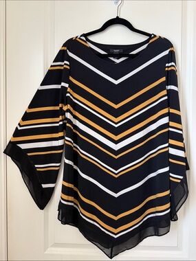 Alfani Black Blouse with Gold and White Chevron Stripes and Bell Sleeves size 2X